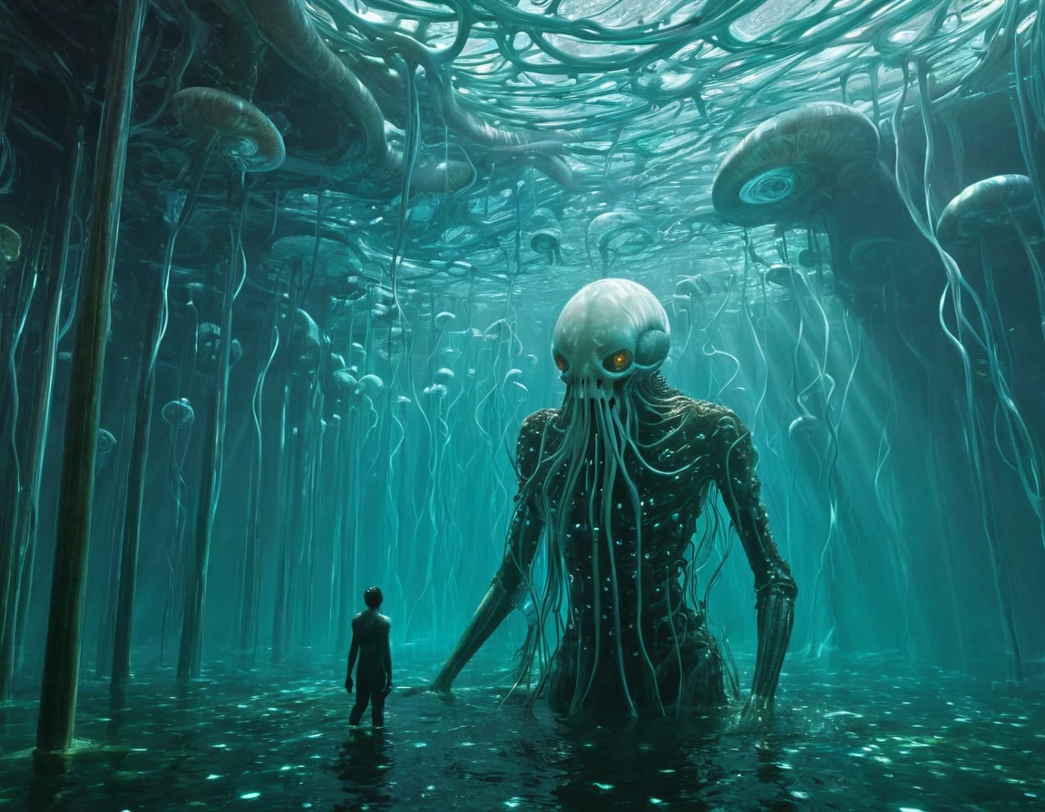 1 boy，Underwater，diving，Solitary，whole body，((best quality)), ((masterpiece)), ((Practical))，Ultra HD，rich background, Filming, Depth of Field, Super Vision, Detail of the color mixing art by HR Giger and Beksinski, Bloody Skeleton:1.5，Dark horror scene. Clear images, Rendered at 8K resolution using rim lighting, Horrifying environments filled with Lovecraftian tentacles， Mutated humanoid. Distort the structure of the environment due to glitch and distortion effects, Surreal and dreamlike elements，For example, close-ups of floating inverted structures and rotting flesh.，Create a feeling of disquiet and disorientation. Religious and mystical symbols scattered on complex background，为这部已经令人发指的masterpiece增添一丝超自然恐怖，Like a dream, Fantasy Creation, Dream Snail, (biopunk nautilus:1.3),Exciting color scheme, amazing mutation, Fractal, Geometric patterns, Astonishing number of transparent white tentacles，With light organs:1.4)