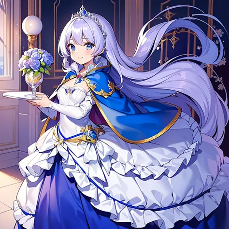 full body,(masterpiece),(best quality),(ultra-detailed), rococo style,(long train blue cape),(long train white ball gown with fl...