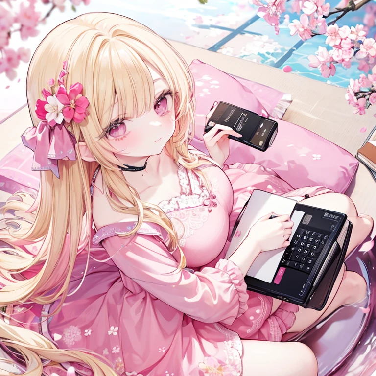 一位女士坐在茶杯里，手里拿着一本书，身旁是一朵樱花, 金发神祇, 粉红色主题, 粉红色的裙子, (相机从上方照射下来), 