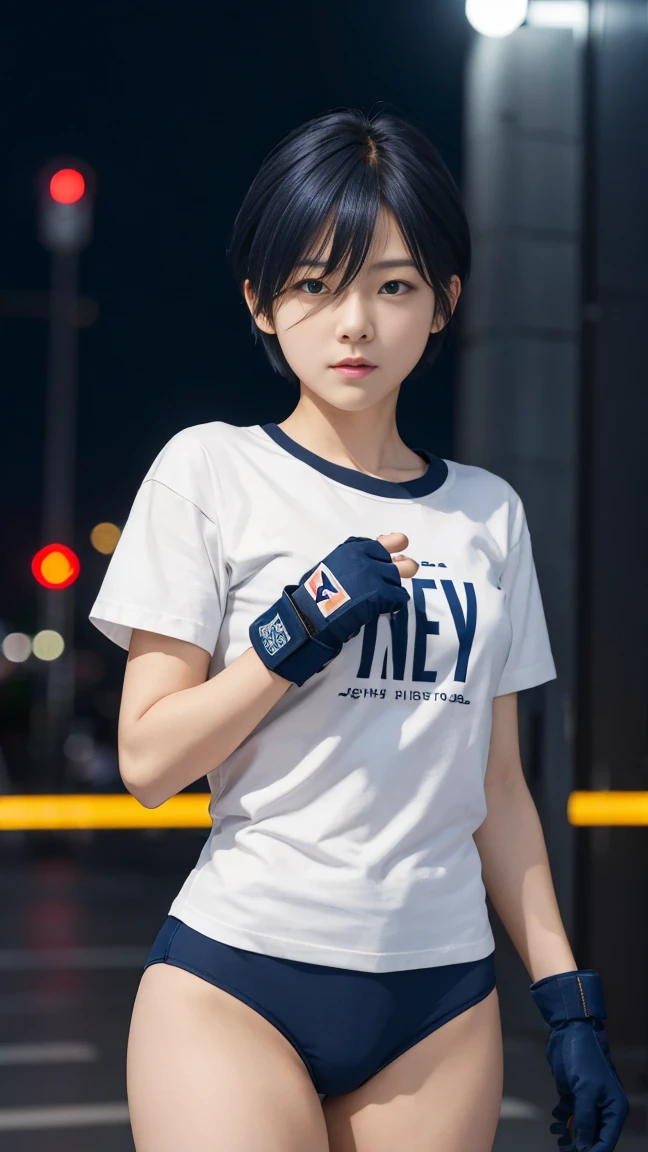 女性1名, オープンフィンガーグローブを着用したファイター、ネイビーの髪, ショートヘア,  白いTシャツ、ゼッケン番号、ネイビー無地パンティー, 夜の未来都市, 地面に立つ, 高解像度, 超シャープ, 8K, 傑作