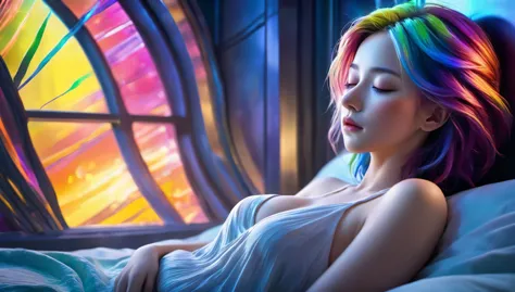 {{masterpiece}}, best quality, extremely detailed cg unified 8k wallpaper, movie lighting,futurism， a woman sleeping in bed，slee...