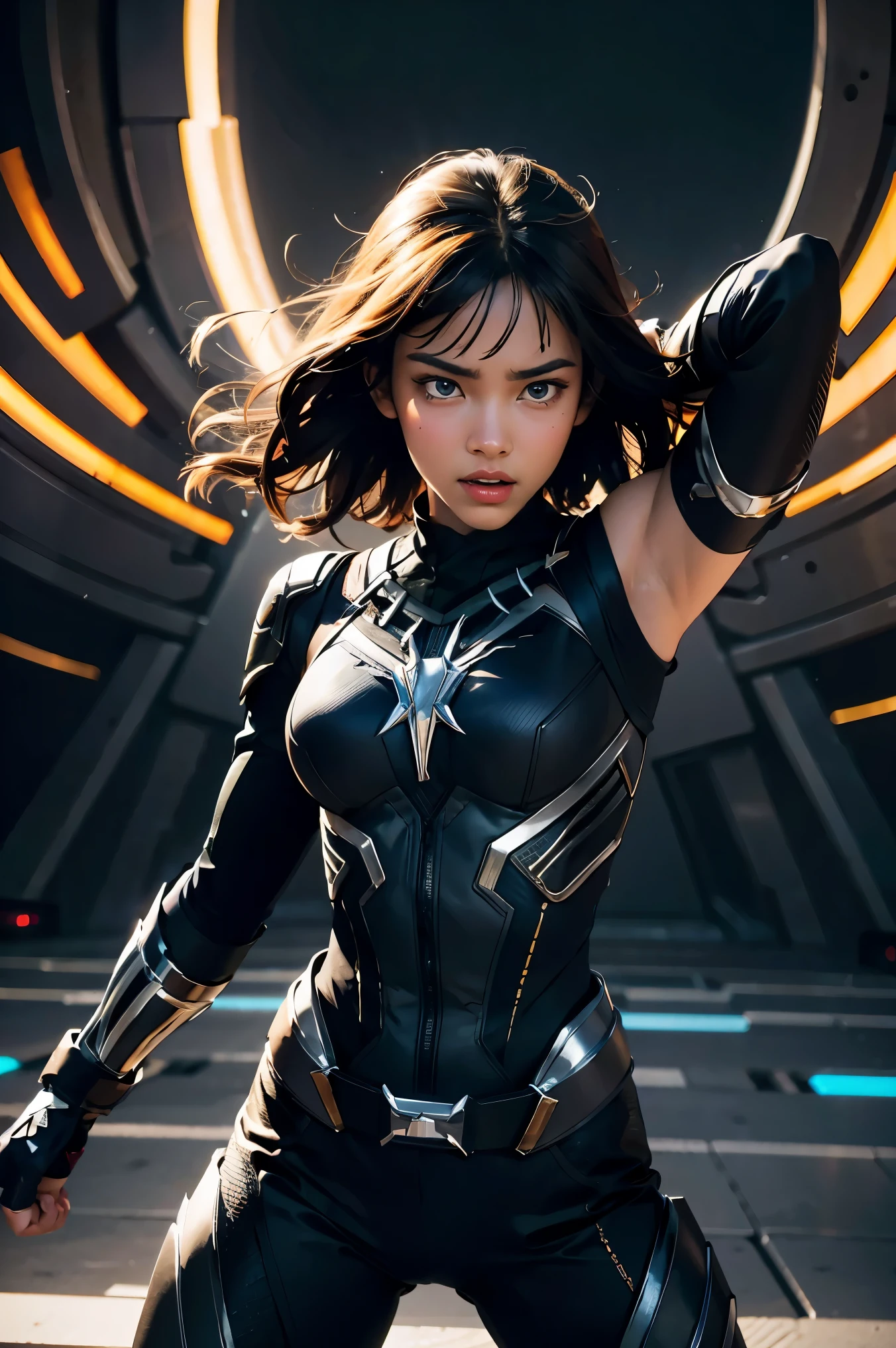 (best quality,highres:1.2), realistic, vibrant colors, detailed face and expression, fierce gaze, powerful stance, , glowing vibranium claws, night scene, strong lighting, superhero, action-packed, dynamic pose, 1 girl, Black panther suit,