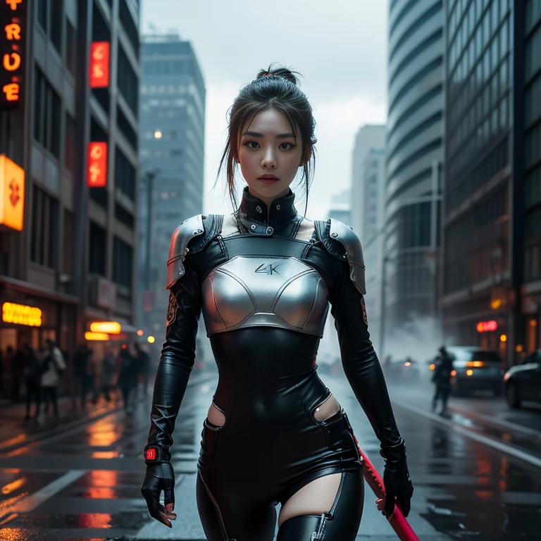 (best quality,4k,8k,highres,masterpiece:1.2),ultra-detailed,(realistic,photorealistic,photo-realistic:1.37),cyberpunk,a female samurai,erotic,night,neon lights,techno cityscape,dark and mysterious,glowing tattoos,shiny metallic armor,exaggerated details,futuristic clothing,sleek katana blade,purple and blue color scheme,dramatic lighting,rainy weather,dystopian atmosphere,high-rise buildings,hovering hovercars,reflective surfaces,rebellious attitude,provocative pose,electric energy effects,gritty urban environment,smoke and steam,anime-inspired style,intense action scene,androids with human-like features,outstanding physique,expressive eyes,graceful movements