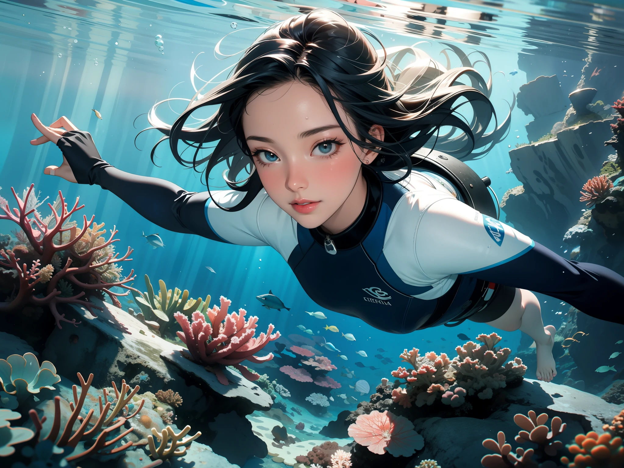 a beautiful woman diving,best quality,realistic,underwater,deep blue water,clear water,detailed bubbles,sunlight filtering,rippling waves,serene expression,wavy hair,diving suit,wet hair,goggles,peaceful underwater scene,professional photography,shimmering scales,vibrant corals,sea plants,rays of light,weightless,beautifully lit,graceful movement,calm and tranquil ambiance,sunken ship wreck,marine life,diving adventure,scuba diving,exploring the depths,adventure sports,deep-sea exploration,crystal clear visibility,slices of sunlight,submerged beauty,underwater paradise,mesmerizing views,experiencing the marine world,breathtaking landscapes,dreamlike atmosphere