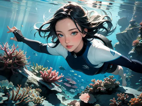 a beautiful woman diving,best quality,realistic,underwater,deep blue water,clear water,detailed bubbles,sunlight filtering,rippling waves,serene expression,wavy hair,diving suit,wet hair,goggles,peaceful underwater scene,professional photography,shimmering...