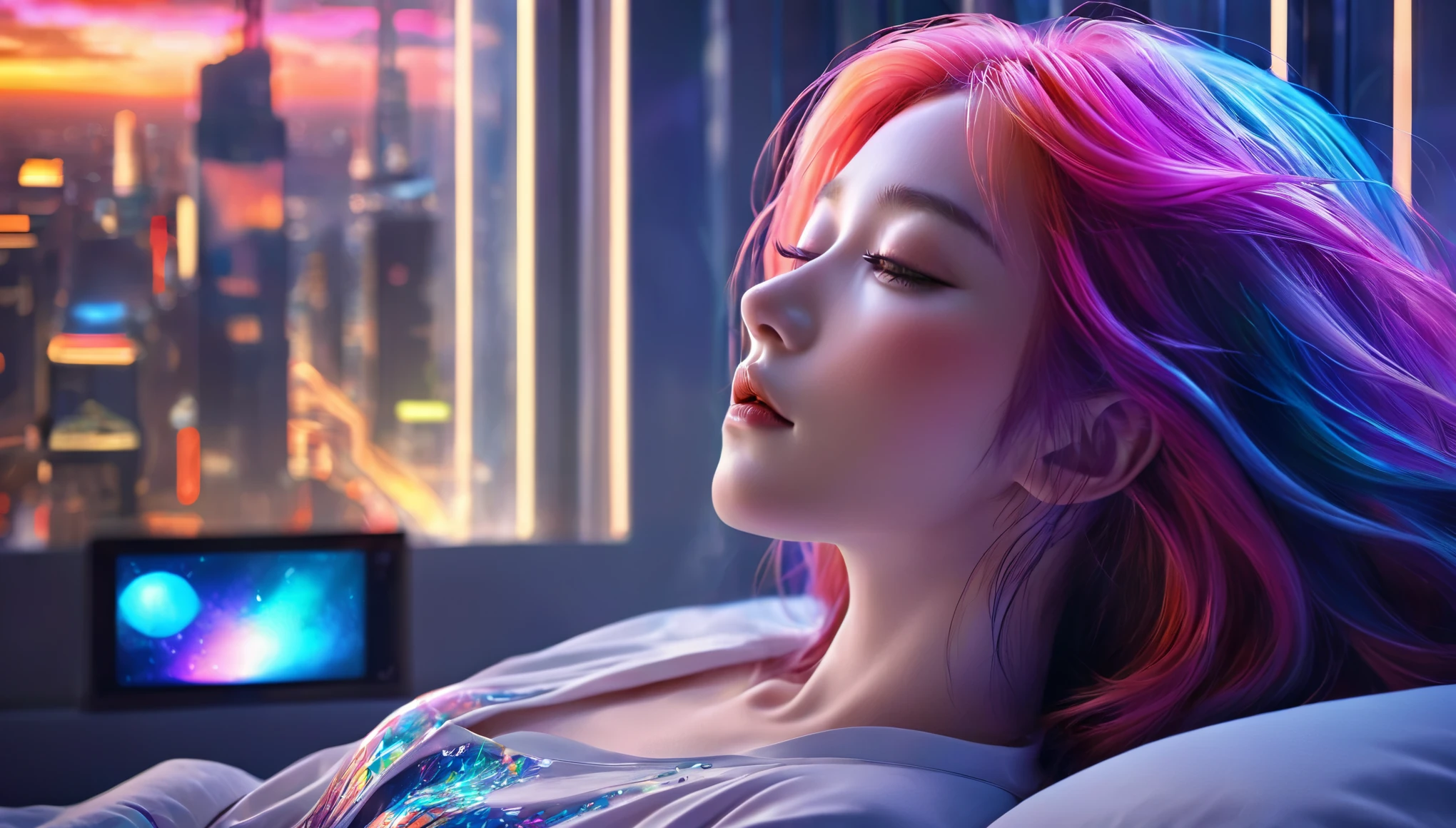 {{masterpiece}}, best quality, Extremely detailed CG unified 8k wallpaper, Movie Lighting,Futurism， A woman sleeping in bed，Long legs，Sleep with eyes closed，Huge window behind， A quiet night. , Multi-colored hair, (Colorful hair:1.5),