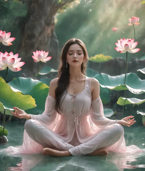 lotus pose girl,fullbody photography,xill,jade,(best quality,4k,8k,highres,masterpiece:1.2),ultra-detailed,(realistic,photoreali...