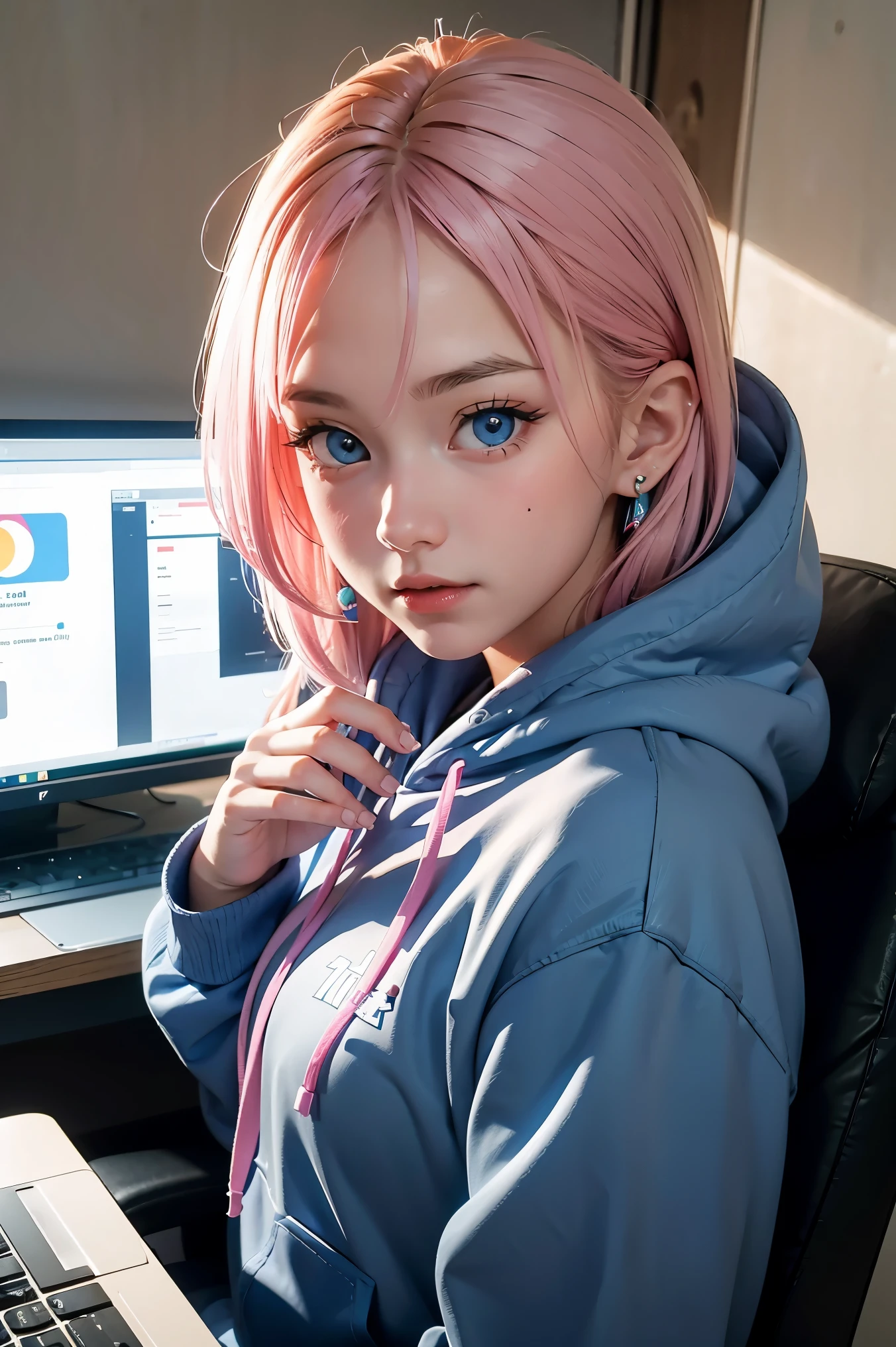 mika pikazo, 1girl, blue eyes, blue hoodie, computer, earrings, hood, hoodie, jewelry, keyboard (computer), logo, logo parody, mouse (computer), multicolored eyes, pink hair, recycle bin, solo, white background, yellow eyes, , 