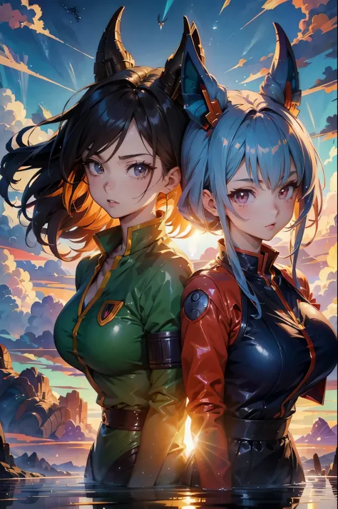 Three anime characters take a photo together, saiyan girl, EcchiAnime style, Dragon Ball风格, 《Dragon Ball》Bulma, Anime style, Hea...