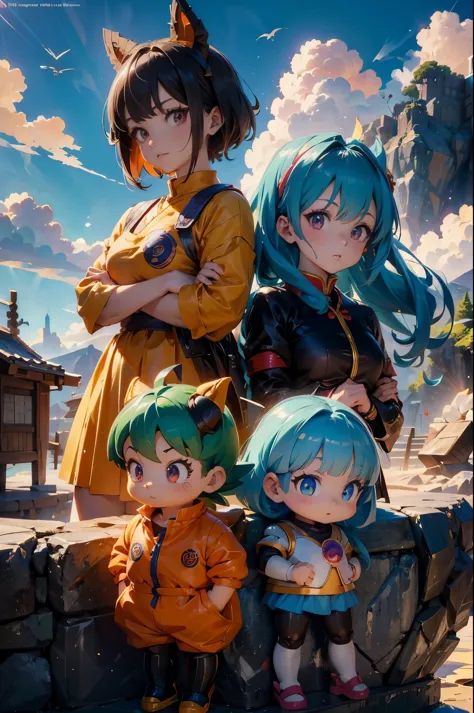 three anime characters take a photo together, saiyan girl, ecchianime style, dragon ball风格, 《dragon ball》bulma, anime style, hea...