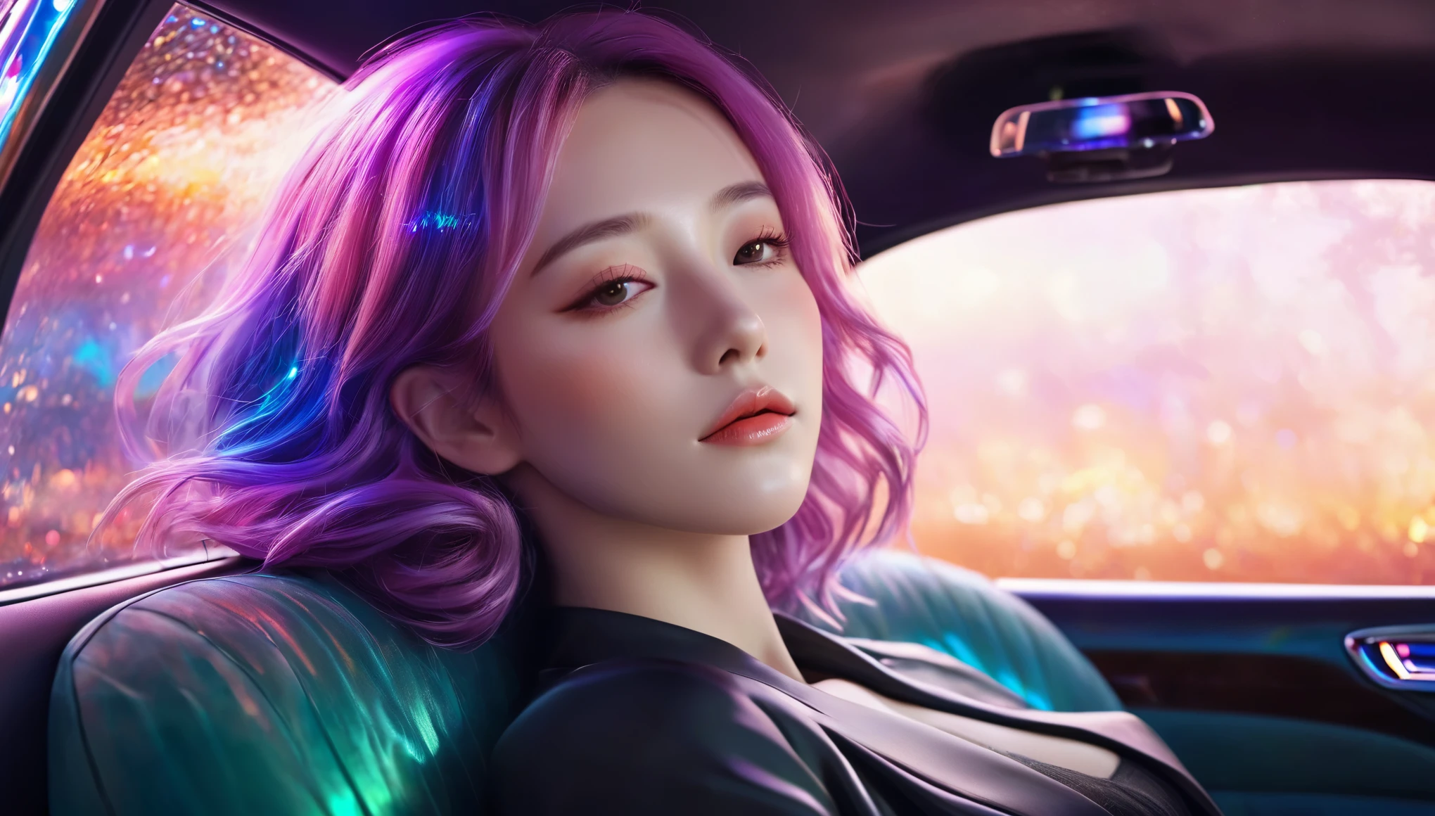 {{masterpiece}}, best quality, Extremely detailed CG unified 8k wallpaper, Movie Lighting,Minimalist style， A woman was sleeping in a luxury car，Sleep with eyes closed，Car window behind， A quiet night. , Multi-colored hair, (Colorful hair:1.5),