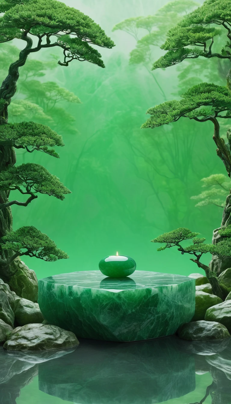 A serene and peaceful minimalist journey is depicted in this artwork. The center of the composition showcases a beautiful jade stone, exquisitely detailed with its vibrant green color and delicate texture. The stone appears to be floating, symbolizing  and balance. The background features a tranquil and minimalist landscape, with lush greenery and smooth, calming textures. The image is of the best quality, with a resolution of 4k or higher, ensuring every detail of the artwork is vivid and visually appealing. The artwork is created with a realistic and photorealistic style, capturing the essence of the jade stone and the tranquility of the scene. The use of minimalism and simplicity adds depth and meaning to the artwork, inviting the viewer to engage in mindful meditation. The colors are predominantly green, representing nature and abundance. The lighting is soft and subtle, enhancing the peaceful atmosphere. This masterpiece aims to evoke a sense of harmony and reflection, providing a soothing and calming experience to the viewer.