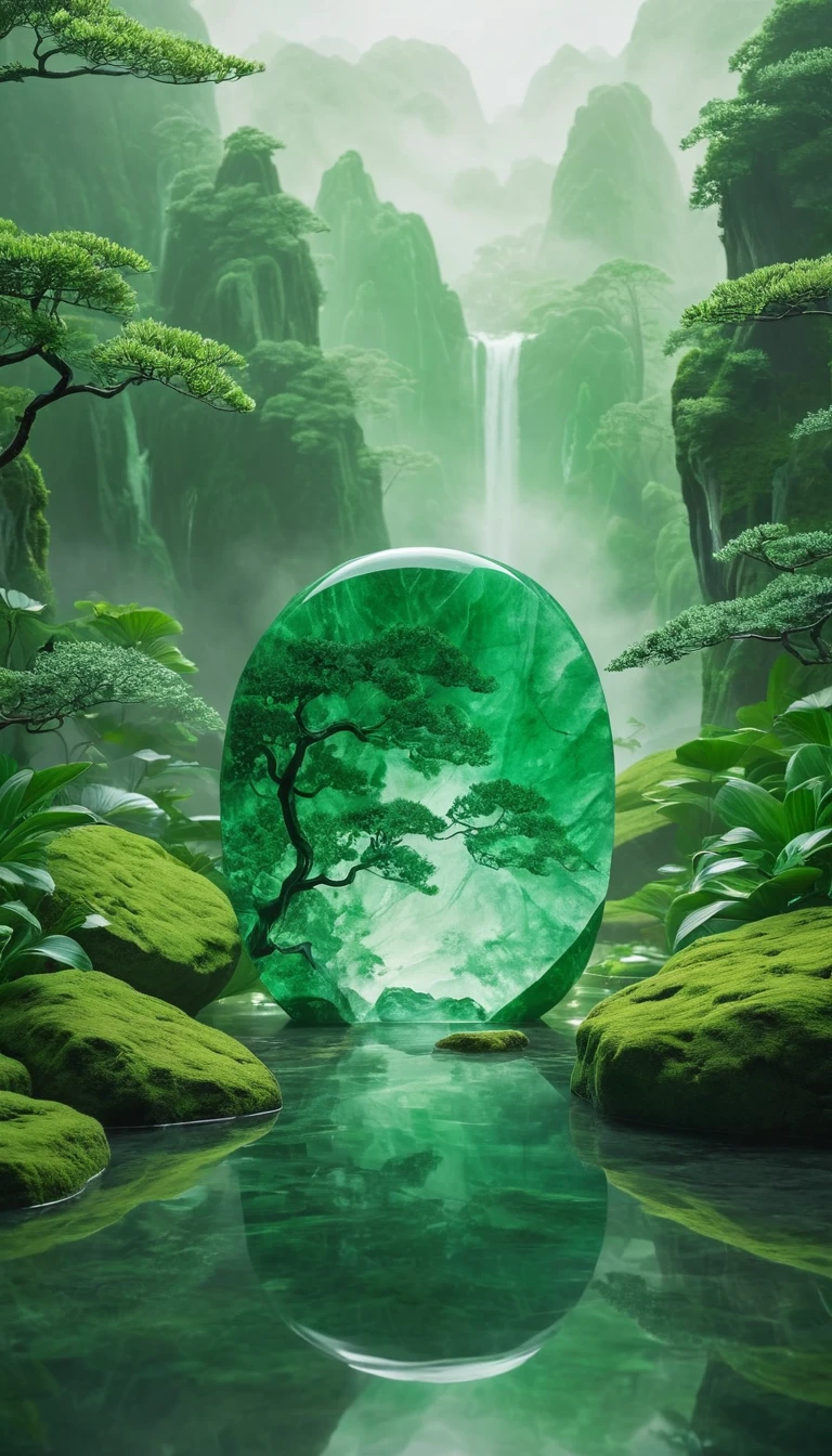 A serene and peaceful minimalist journey is depicted in this artwork. The center of the composition showcases a beautiful jade stone, exquisitely detailed with its vibrant green color and delicate texture. The stone appears to be floating, symbolizing  and balance. The background features a tranquil and minimalist landscape, with lush greenery and smooth, calming textures. The image is of the best quality, with a resolution of 4k or higher, ensuring every detail of the artwork is vivid and visually appealing. The artwork is created with a realistic and photorealistic style, capturing the essence of the jade stone and the tranquility of the scene. The use of minimalism and simplicity adds depth and meaning to the artwork, inviting the viewer to engage in mindful meditation. The colors are predominantly green, representing nature and abundance. The lighting is soft and subtle, enhancing the peaceful atmosphere. This masterpiece aims to evoke a sense of harmony and reflection, providing a soothing and calming experience to the viewer.