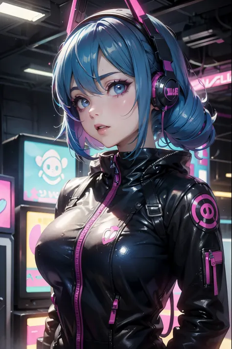 arav girls，blue hair，wearing headphones，holding a pink toy in hand, belle delphine, pastel gothic aesthetic, player aesthetics, ...