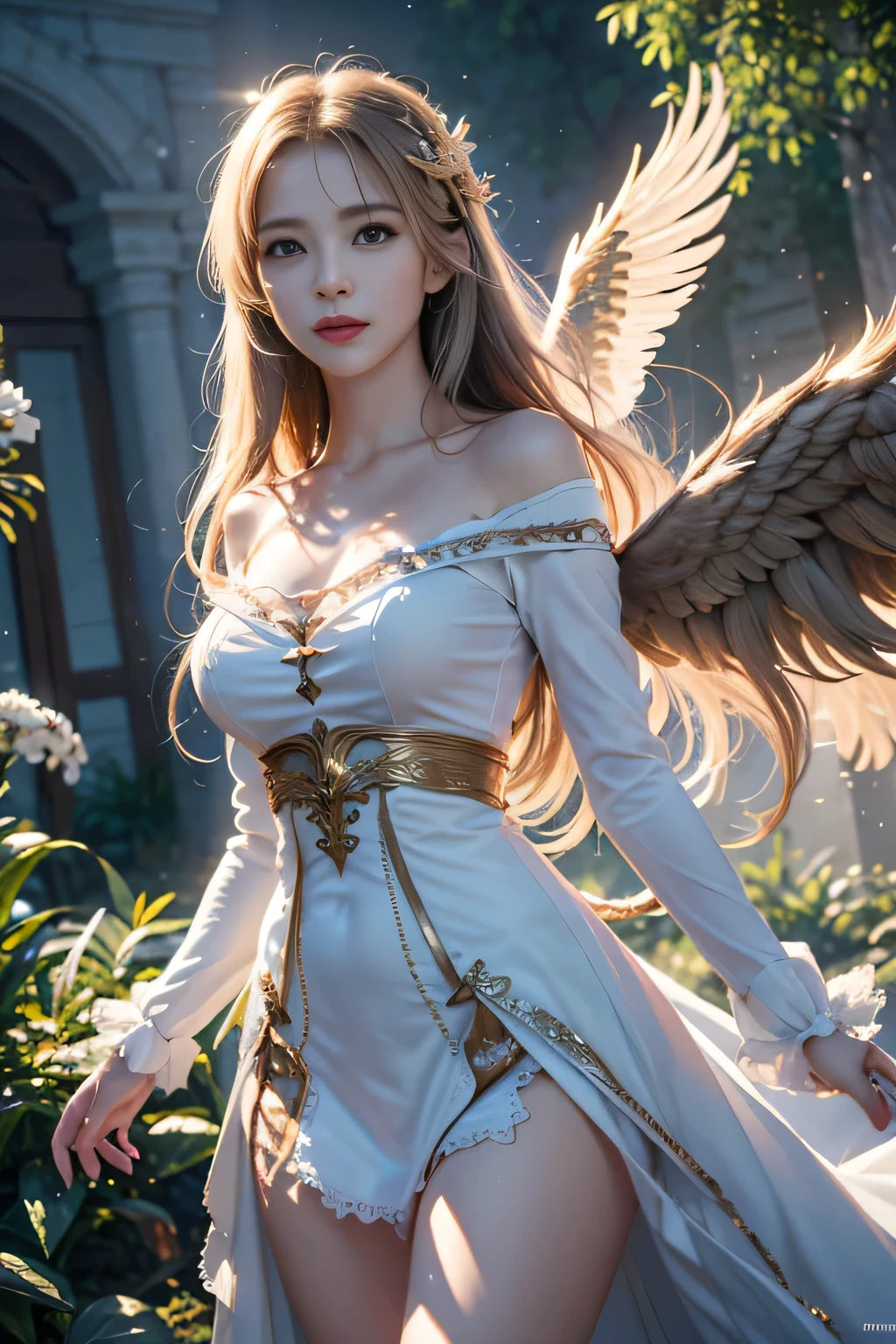 masterpiece, best quality, (Extremely detailed CG Unity 8K wallpaper), (best quality), (Best Illustration), (The best shadow), absurd, Realistic lighting, (abyss), Beautiful and delicate light, Artworks by Peter Mohr Bacher,Super large wings。An angel girl，Fly in the clouds，White Cloud，White Cloud，Blue sky。Blue sky。Blue sky。Long white dress，Golden Wings，Send with aperture