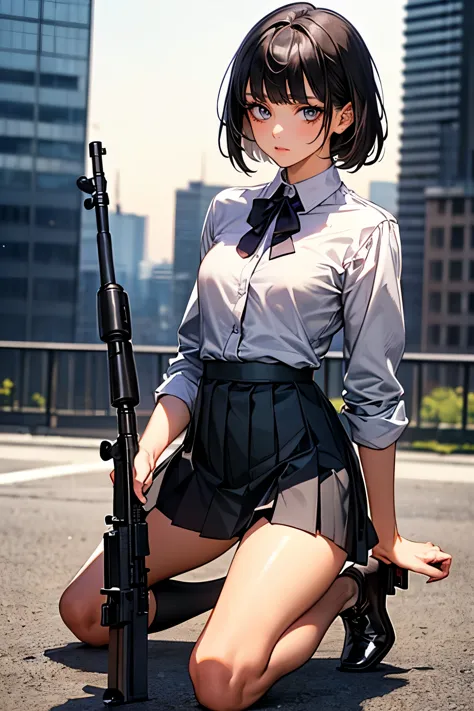 (((woman firing an automatic rifle:1.5、excluding sight,a detailed depiction of an automatic rifle:1.7))),synchronize your gaze a...