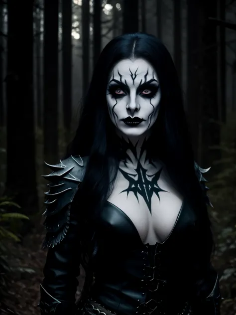 (masterpiece, best quality:1.2),  solo, highres, best quality, half body shot of a pale white skin woman with (((black metal mak...