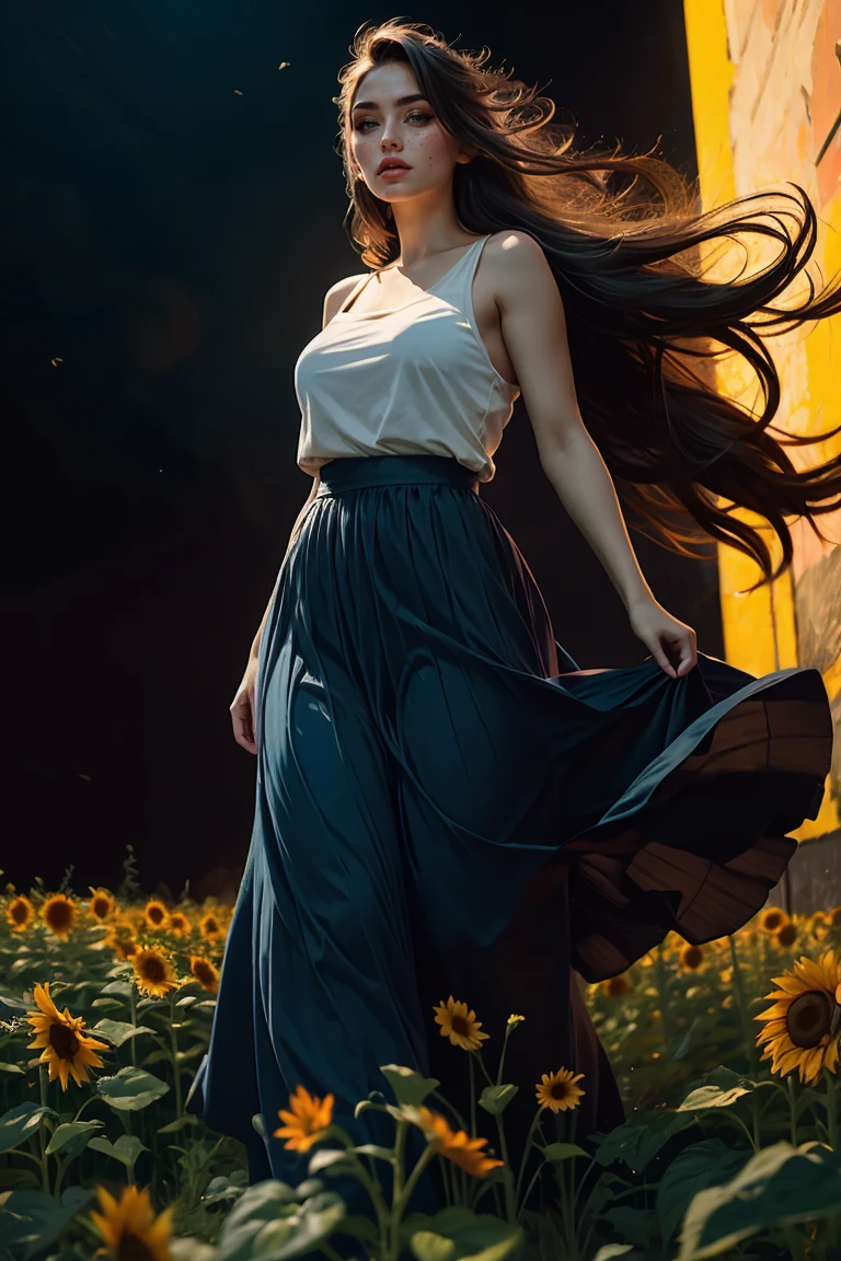 The girl in the long skirt was blown by the wind, Straight long hair, soft moss, Sunflower fields, Dark atmosphere, dark blue tint, Brush Style, sketch, Vibrant colors, soft light, (masterpiece, best quality:1.2)