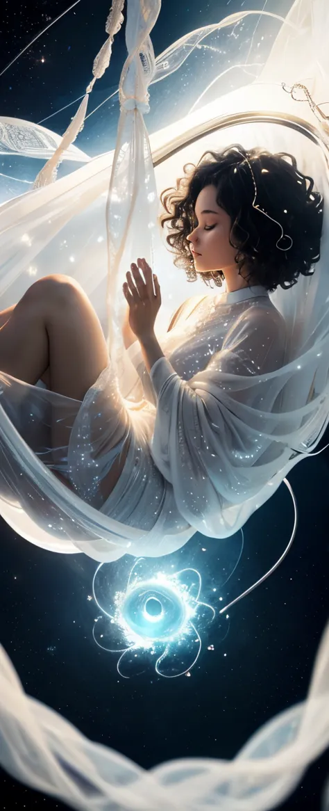 cosmic cocoon a woman with short, curly hair, dressed in a flowing white dress with shimmering threads, meditates within a trans...