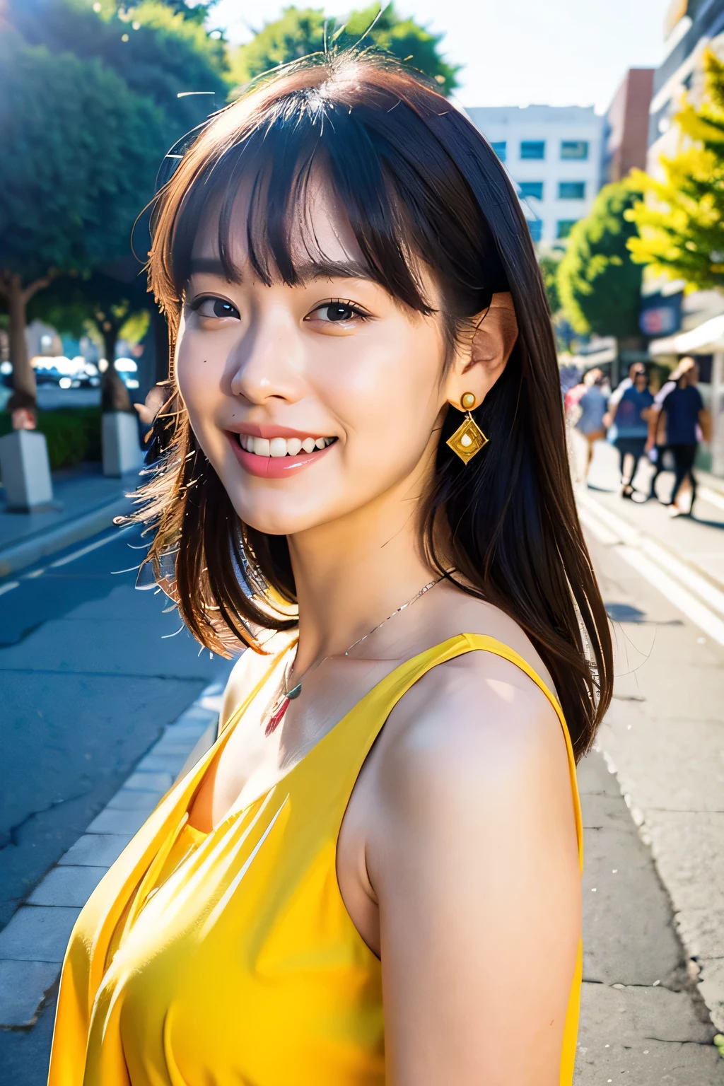 Top quality, ultra high resolution, (photorealistic: 1.4), dull bangs, bright smile, flower dress,street background,necklace,earring