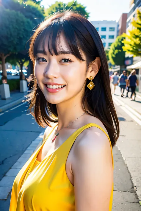 Top quality, ultra high resolution, (photorealistic: 1.4), dull bangs, bright smile, flower dress,street background,necklace,ear...