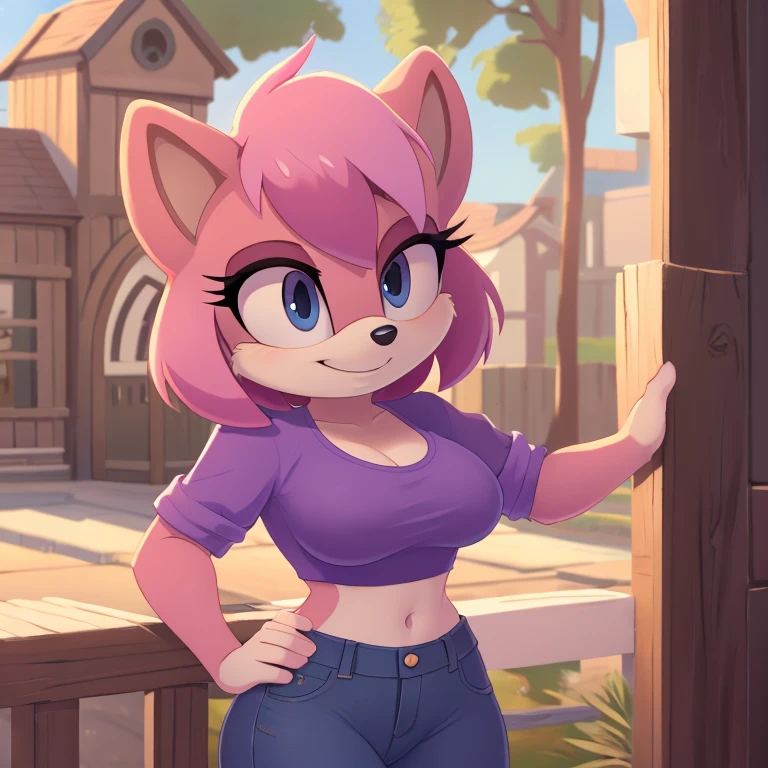 mom tenrec mobian, female mobian, purple shirt, highwasted jeans, mom jeans, royal pink hair, bob cut hair, royal pink fur, (mom body), medium breasts, royal blue eyes, mom, cute smile, outline, Intricate Details, Masterpiece, Best Quality, High Quality, Studio Quality, Best Detail, Perfect Detail, Refine Detail.