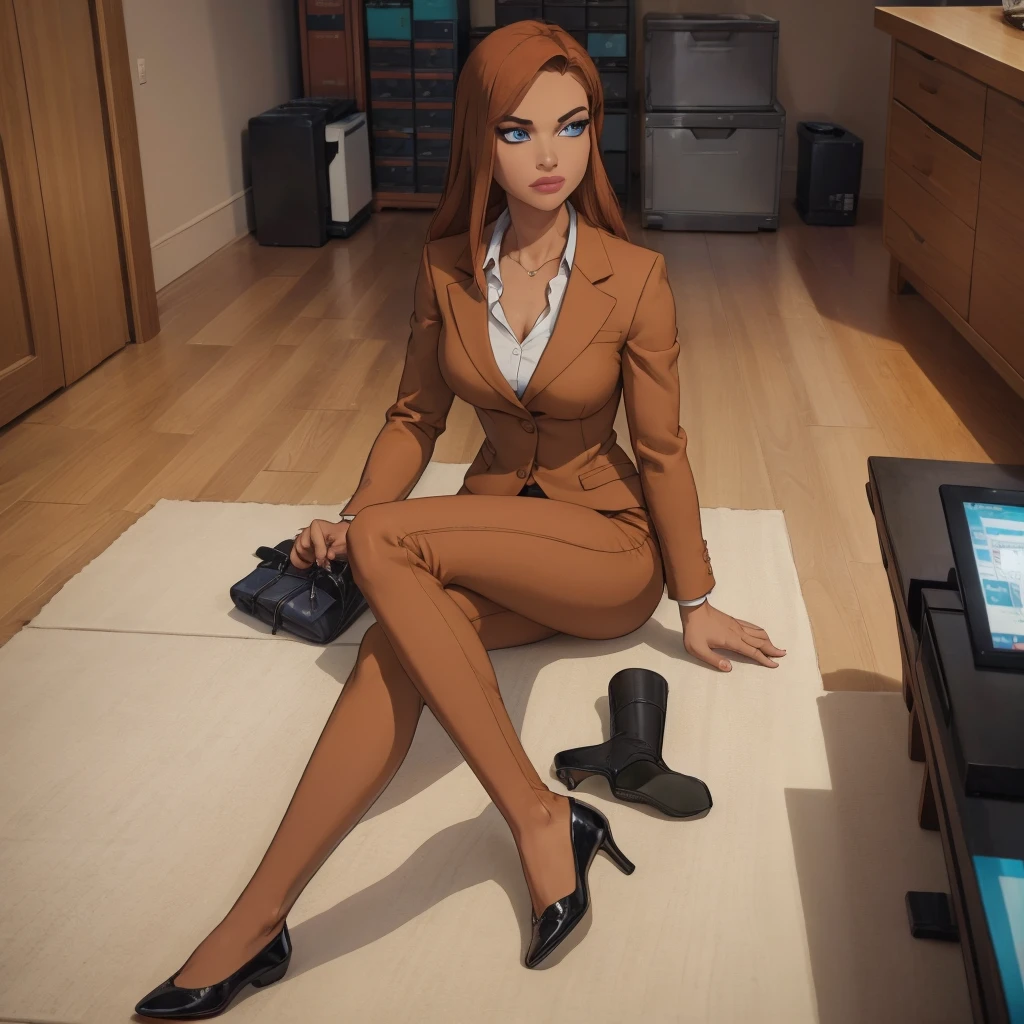 (masterpiece, high quality) woman, formal business suit, shirt, pants, solo , looking at viewer, perfect face, suits tan, tan colour, white shirt,sexy breasts,fit super model body, fit_business_suit s, crystal blue eyes, eyelashes, makeup, skyscraper, full body, she is the boss, ultra quality 4k, super confident, sit like the boss, [From Below, Looking Up][Modern Office Setting] tan colour office suits , tan shoes 