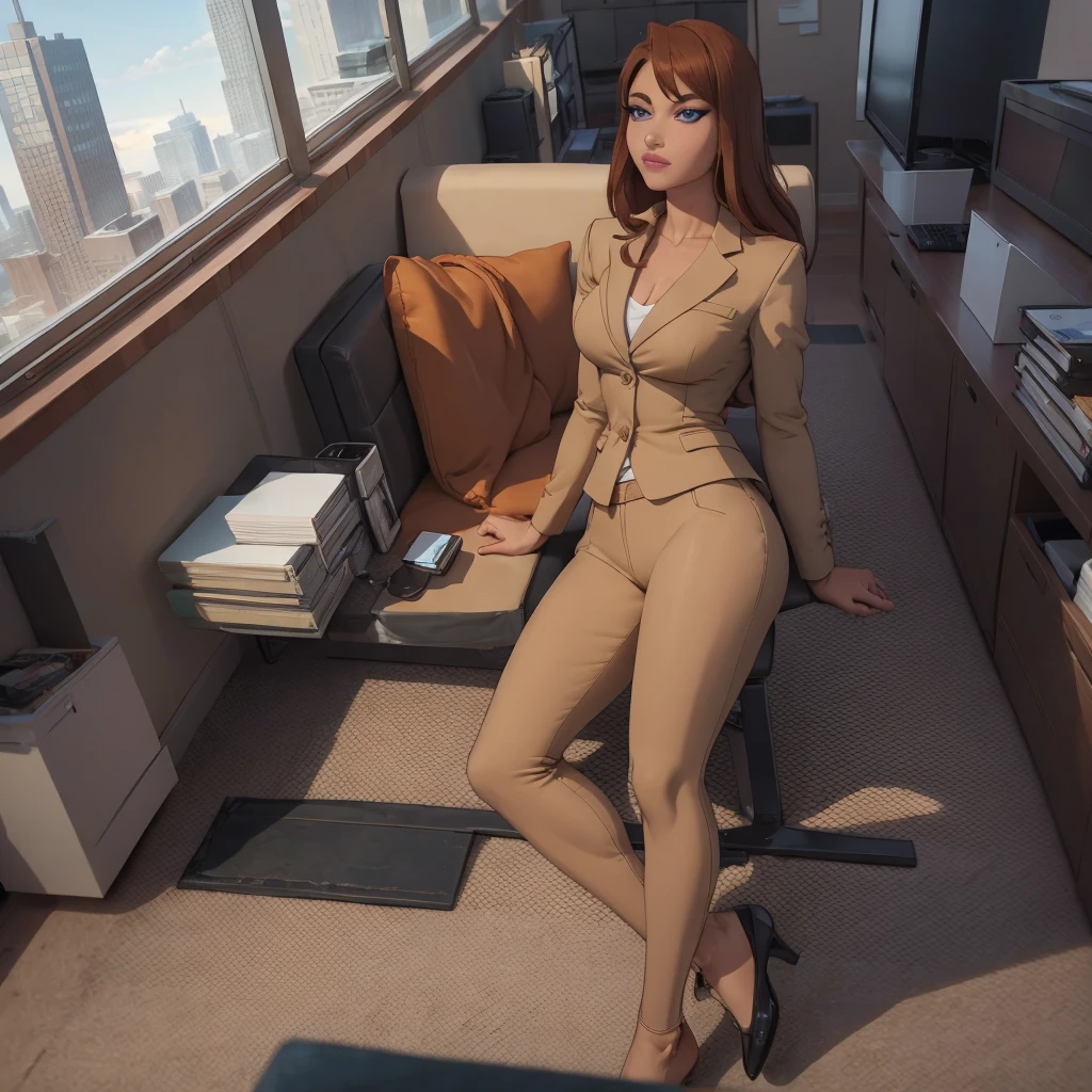 (masterpiece, high quality) woman, formal business suit, shirt, pants, solo , looking at viewer, perfect face, suits tan, tan colour, white shirt,sexy breasts,fit super model body, fit_business_suit s, crystal blue eyes, eyelashes, makeup, skyscraper, full body, she is the boss, ultra quality 4k, super confident, sit like the boss, [From Below, Looking Up][Modern Office Setting] tan colour office suits , tan shoes, foot fetish 