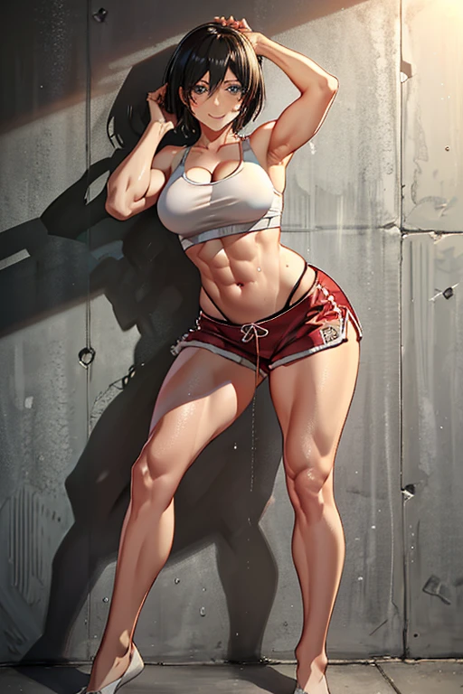 masterpiece, UHD, 4k, highres, ultra highres, hd, best quality, anime, anatomically accurate, detailed face, pretty face, 1girl, mikasa ackerman, mikasa, short hair, black hair, attack on titan, abs, navel, midriff, belly button, abdominal, stretching, fully clothed, tank top, shorts, thighs, work out, working out, muscular, smile, standing, sweating, wet skin, glossy skin, on top of the wall, concrete wall, day time, mikasa is standing on top of wall maria,