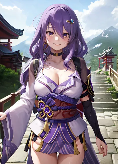 Long purple hair, smile 
