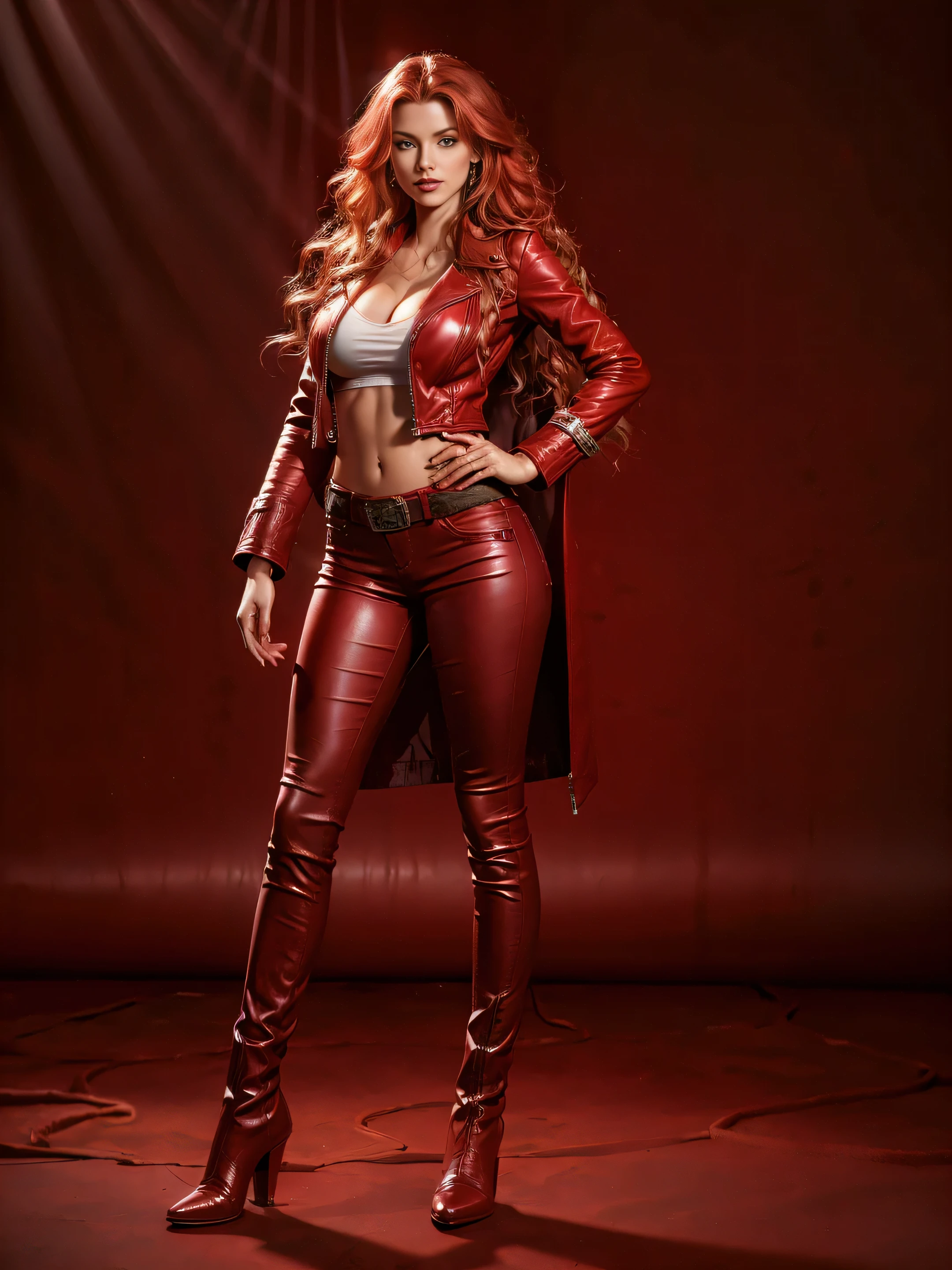 full body women 25 years old green eyes very very long red windblown wavy hair in a red leather jacket red leather pants red leather western boots light shadow effects intricate highly detailed digital bright colors sharp shadows