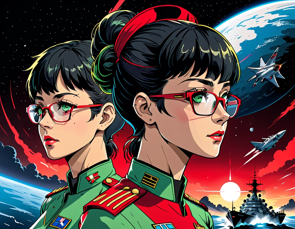Movie Poster,(( two side up Hairstyle : 1.5)),Anime Reference 86 ,Science Fiction,Sci-Fi,Movies,War Action Movies,Space,Atmosphere,Sky,Battleship,Multiple Characters,men,Adults,Green Eyes,Black Hair,(Pia bangs hairstyle) : 1.8 ),(Red Glasses),General Uniform,White Commander Uniform,Realistic Face Details,Realism,3D Face,
