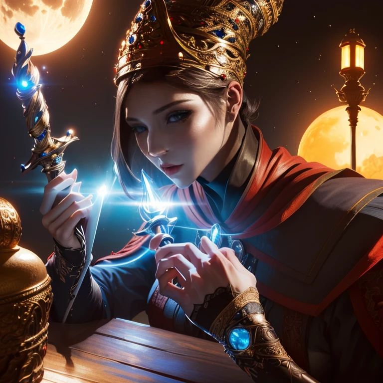 Rennala - El anillo de fuego,  Pelo negro corto, blue eyes, sentado en una mesa, manos sosteniendo un bastón, ig model | artegerm, extremely detailed artegerm, arte de fantasía hiperrealista, obra de arte al estilo de guweiz, artegerm and wlop, wlop and artegerm, alena aenami and artegerm, artegerm. ilustración animada, dark moody atmosphere, luna en el fondo, Afuera, Noche, estrellas, vista al lago