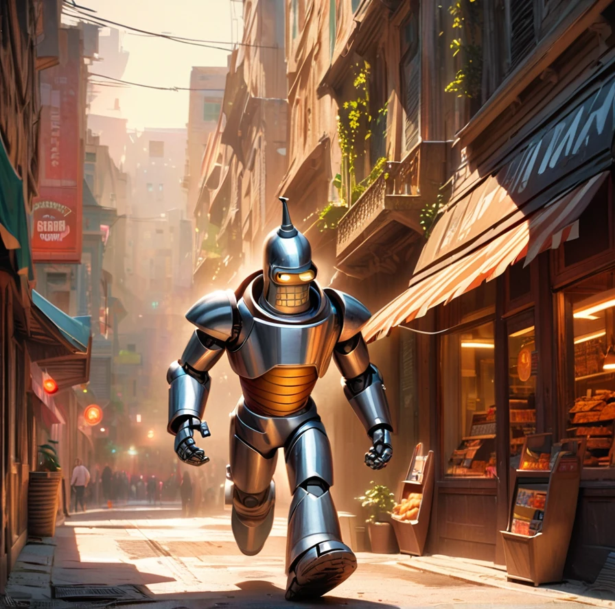 A detailed prompt for generating the image of "Bender holding a gun and running in Dunkin Donut": (best quality,4k,8k,highres,masterpiece:1.2), ultra-detailed, (realistic,photorealistic,photo-realistic:1.37), vibrant colors, sharp focus, professional, HDR, studio lighting, bokeh, medium:illustration, portraits, landscape Bender, a robot from the animated series Futurama, is holding a large, white gun in his metallic hands. The gun is highly detailed, with intricate engravings and a sleek design. As Bender runs in Dunkin Donut, the aroma of freshly baked pastries fills the air. The donut shop is bustling with colorful customers enjoying their coffee and donuts. The mystic golden jewels embedded in Bender's metallic armor glisten in the sunlight, adding an air of mystery and luxury to the scene. In the background, a cosmic white hole creates a breathtaking spectacle, with swirling cosmic dust and cosmic rays illuminating the space. The art style of the image should resemble that of Hellper, a popular webtoon known for its detailed illustrations and vibrant colors. The overall lighting should be reminiscent of a studio setting, with dramatic shadows and highlights emphasizing the details of the scene.