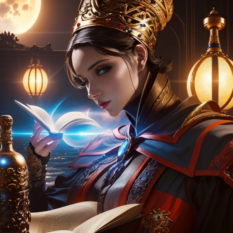 Rennala - L&#39;anneau de feu,  Les cheveux cours et noirs, yeux bleus, assis à une table, lire un livre, modèle ig | artgerme, germe d&#39;art extrêmement détaillée, art fantastique hyperréaliste, oeuvre d&#39;art dans le style de guweiz, artgerme and wlop, wlop et artgerme, Alena Aenami et Artgerme, artgerme. illustration animée, Atmosphère sombre et maussade, lune en arrière-plan, dehors, la nuit, étoiles, vue sur le lac