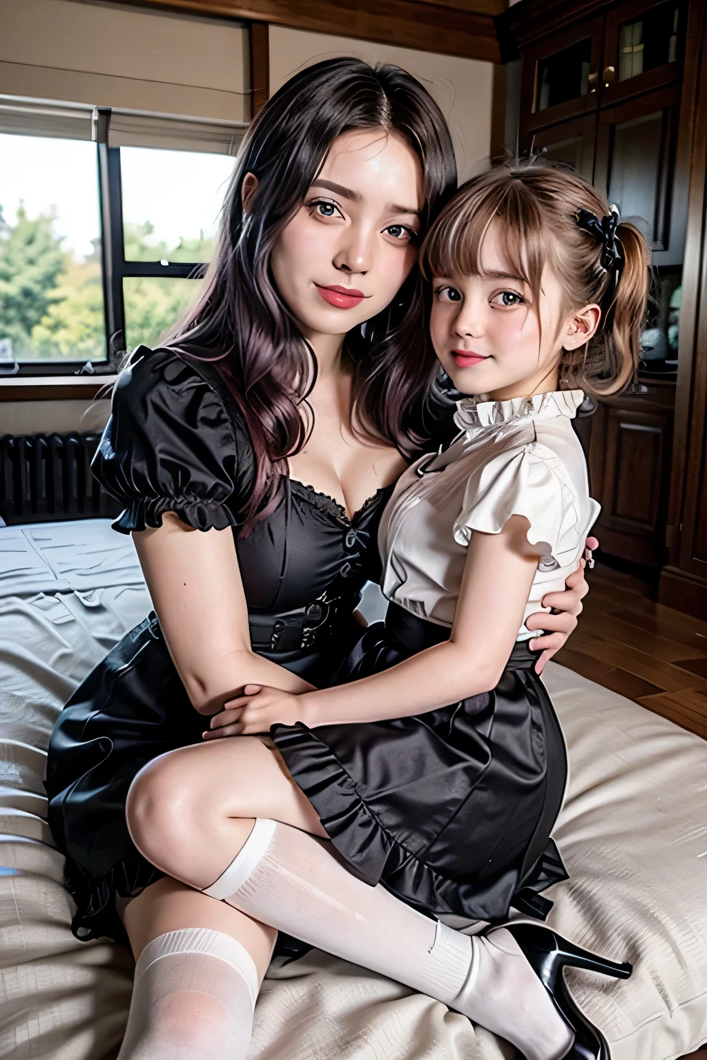 A 20-year-old woman and a 6-year-old girl, Wearing traditional maid uniform, , High heels, Heavy makeup, Beautifully detailed face, A 6-year-old girl is wearing glasses, Natural sunlight, 20 year old woman has purple hair, Old Western-style building, Big Breasts, A 6-year-old girl is looking down, A 20-year-old woman is looking at a girl, A 20-year-old woman is 170 cm tall., Anatomically correct body, A 6-year-old girl is 100cm tall, , A 20-year-old woman is giving a back hug, Red lipstick, Black skirt with frills, Chic pumps, Chunky Heel, Garter belt and white stockings, They are both smiling., A 20-year-old woman is holding a 6-year-old girl in her arms, Two very cute people, , , , , , , , ,