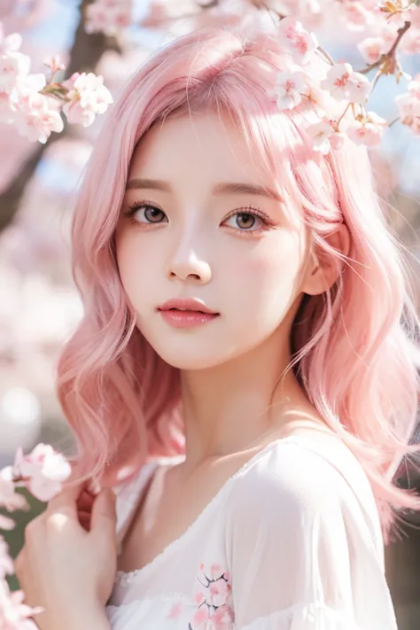 light pink hair, pink eyes, pink and white, cherry blossom leaves, bright colors, white dress, paint splashes, simple background...