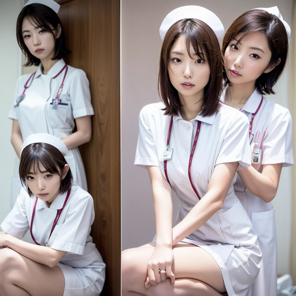 1 girl,(Wearing white nurse clothes:1.2),(RAW Photos, highest quality), (Realistic, photo-Realistic:1.4), masterpiece, Very delicate and beautiful, Very detailed, 2k wallpaper, wonderful, finely, Very detailed CG unity 8k wallpaper, Very detailed, High resolution, Soft Light, Beautiful detailed girl, Very detailed eyes and face, Beautiful and detailed nose, finely beautiful eyes, nurse, Perfect Anatomy, Black Hair, Upstyle, nurse uniform, ((nurse cap)), Long skirt, nurse, White costume, thin, hospital, clear, White Uniform, hospital room, Neck auscultation,Bobcut,whole body,Squat,Squat with your knees up