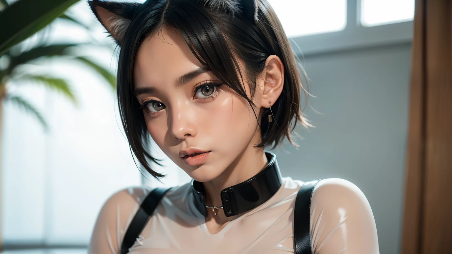 (8K, Raw photography, top-quality, ​masterpiece :1.3), (small skinny japanese girl in see through rubber suit, small breasts, small collar, cat ears, fear in her face :1.3), (beautiful detailed eyes, beautiful detailed lips, no lipstick, extremely detailed face, small hips :1.3), (pixie shaved hair cut :1.2)