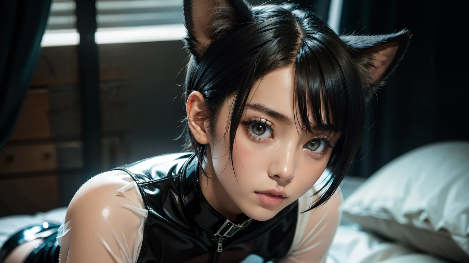 (8K, Raw photography, top-quality, ​masterpiece :1.3), (small skinny japanese girl in see through rubber suit, small breasts, small collar, cat ears, fear in her face :1.3), (beautiful detailed eyes, beautiful detailed lips, no lipstick, extremely detailed face, small hips :1.3), (pixie shaved hair cut :1.2)