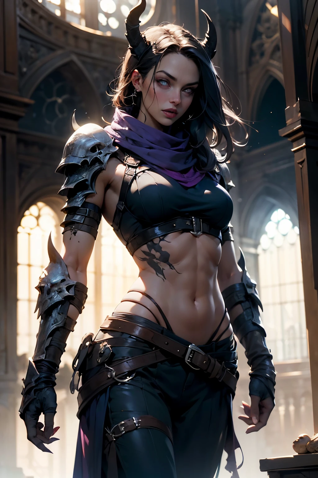 1 girl, Volumetric light, (bright scene:1.5), Cathedral,  depth of field, hips ,hair ornament,  photo, masterpiece, Best quality,HDR, a high resolution,Realistic details,40 thousand, HDR, a high resolution,
shadowmoonBerserk, Berserk, horns, shoulder armor, breastplate, belt, tattoo on stomach, Purple eyes, muscular, black trousers, Scarf, Scar, fangs, claws