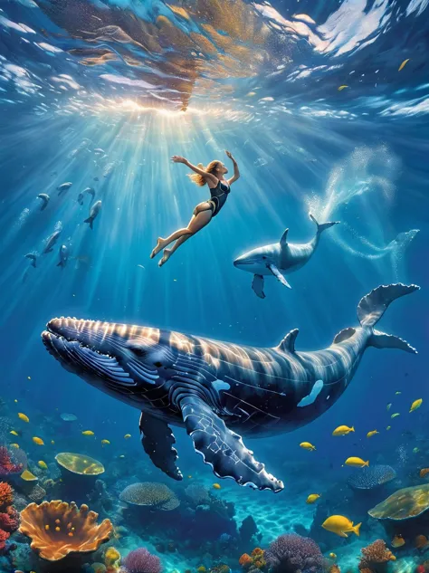 iver swimming harmoniously with a whale, a scuba diver leisurely swimming with a humpback whale in the ocean, the whale gliding ...