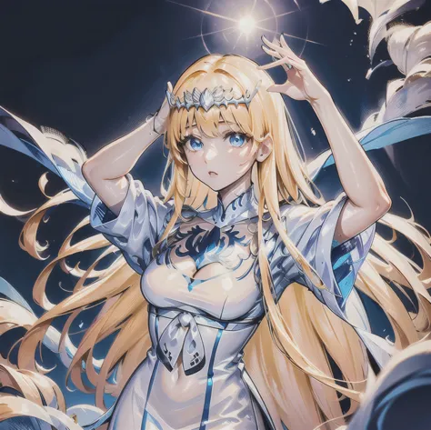 hands down, arms down, hands not showing,  1girl,solo, Calca, Calca Bessarez, blonde hair, extremely long hair, very long hair, white tiara, silver tiara, white dress, blue eyes, medium chest