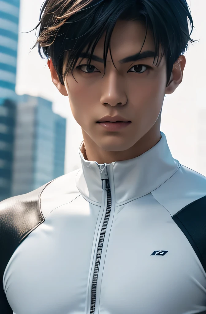 Japanese Male Model　Cool 18 year old　Short black hair　Slim and muscular　Fierce　Bright screen　Close-up image　Very tight white rubber suit　Hero