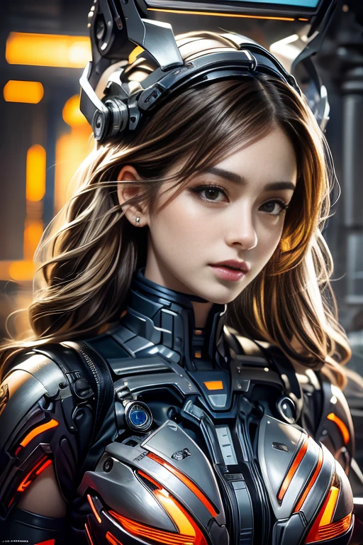Realistic picture 8k,Masterpiece,complicated details,Highest quality,perfect anatomy,Great dynamic composition,Bright natural light that is easy on the eyes,Hyper clarity, full hd,Young woman with long gray hair,Has a human body mixed with a machine.,red orange machine,There was a neon light radiating from the machine.,The background is a deserted star at night.