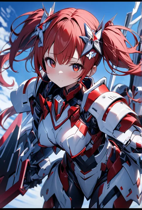 high quality, high definition, hig
h precision images,8k 1 girl robot girl、red hair,twin tails,red eyes,leaning forward head dec...