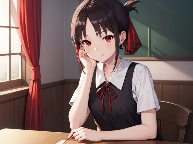 kaguyashinomiya, kaguya shinomiya, Folded ponytail, amount, hair ribbon, (Red eyes:1.5), red ribbon, ribbon, short hair, Side Lock, (Small breasts:1.2),
break black dress, dress, pinafore dress, , shirt, Short sleeve, Shuchiin Academy , white shirt,
break looking at viewer,
break indoors, classroom,
break (masterpiece:1.2), highest quality, High resolution, unity 8k wallpaper, (figure:0.8), (Beautiful fine details:1.6), Highly detailed face, Perfect lighting, Highly detailed CG, (Perfect hands, Perfect Anatomy),smile