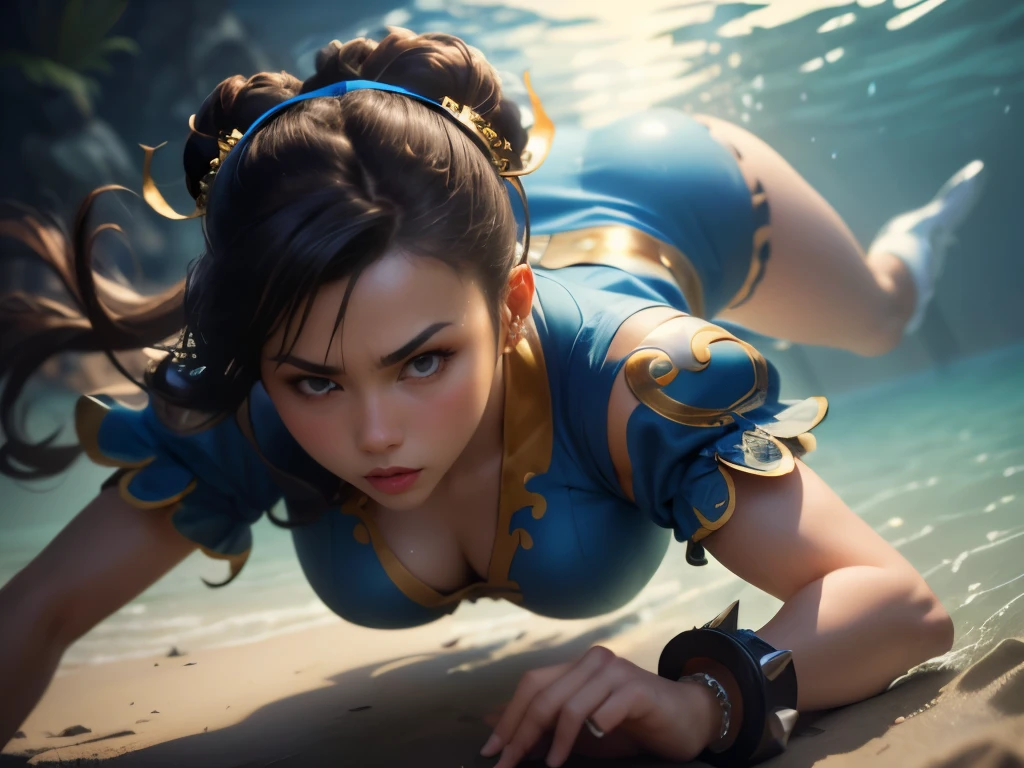 (Create a hyper-realistic masterpiece of Chun-Li, the iconic character from the Street Fighter game). (diving photo of Chun-li diving in tropical sea, starfish, clown fish, coral, sun rays, seaweed). paint on the face, realistic skin. The image must be in high definition (hard drive) and rendered in stunning 16K resolution, showing all the intricate features and textures. solo, 1woman, (Pay close attention to the fine details of Chun-Li's costume, including her traditional blue dress, ((pelvic curtain, brown pantyhose, china dress), cross-laced boots, bracelet, gold trim, jewelry, puffy sleeves, sash, short sleeves, side slit, spiked bracelet, spikes, white footwear, hair accessories). Use dramatic lighting. SFW