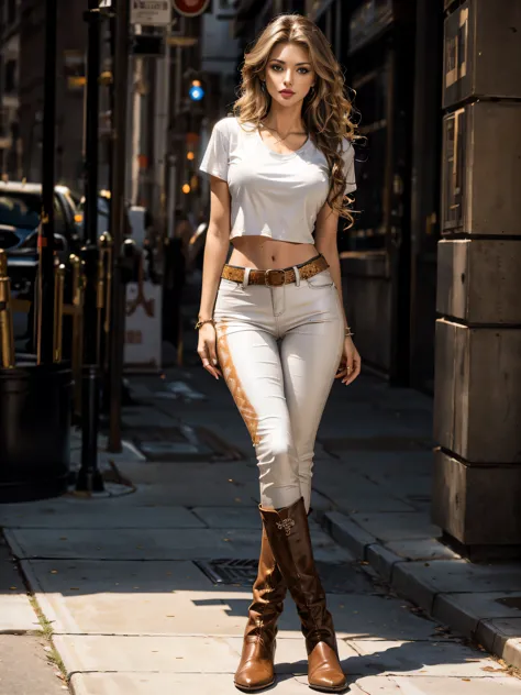 full body women 25 years old brown eyes very very long brown windblown wavy hair in a white leather t-shirt brown leather pants black leather western boots light shadow effects intricate highly detailed digital bright colors sharp shadows