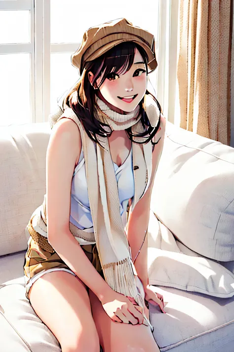 a japanese girl wearing a light brown hat and a white scarf sitting on a white sofa、light brown shorts、18-year-old、 young and cu...